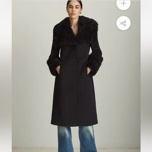 Stunning (like new) Dawn Levy Designer Wool Black Faux Fur Trim Long Coat
